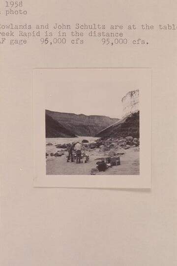 Camp at Mile 12. Bryan Rowlands and John Schultz are at the table. Soap Creek Rapid is in the distance
