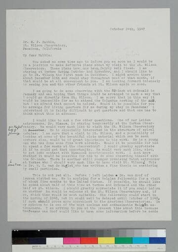 Dutch astronomer Jan Oort writes to EPH