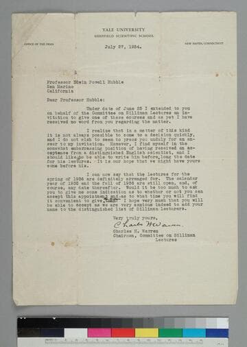 Charles H. Warren, Chairman, Committee on Silliman Lectures, Yale University, writes to EPH