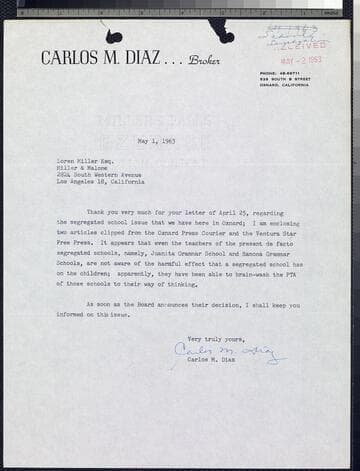 Two letters by Diaz to Miller re: de facto segregation