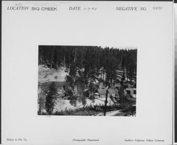 Big Creek, Florence Lake Dam - Camp 60 - at outlet of Florence Tunnel. (Pile of firewood at left is for heating of camp buildings and for cook
